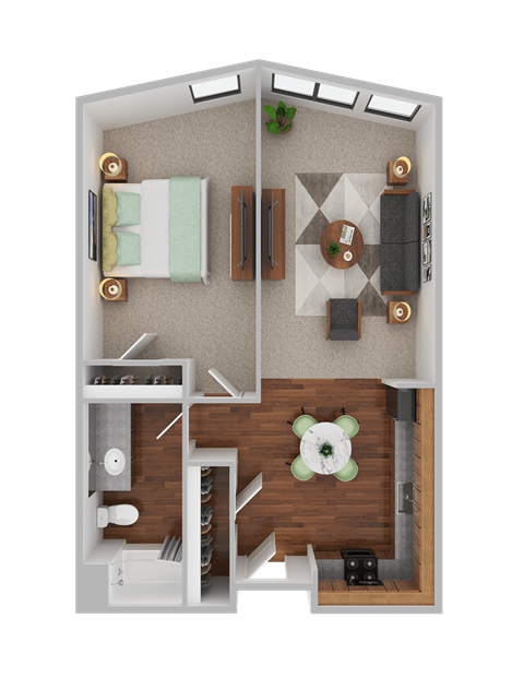 Floor plan for 1 bed, 1 bath, 600 sqft